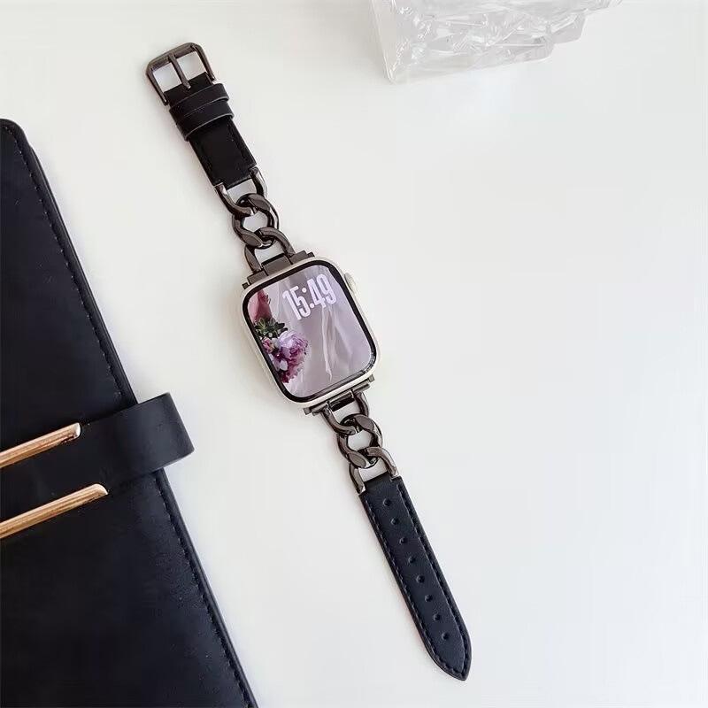 erorex For Apple Watch 38 / 40 / 41 / S10 42Mm Denim Chain Metal Hybrid Leather Watch Band(Black) - Image 1