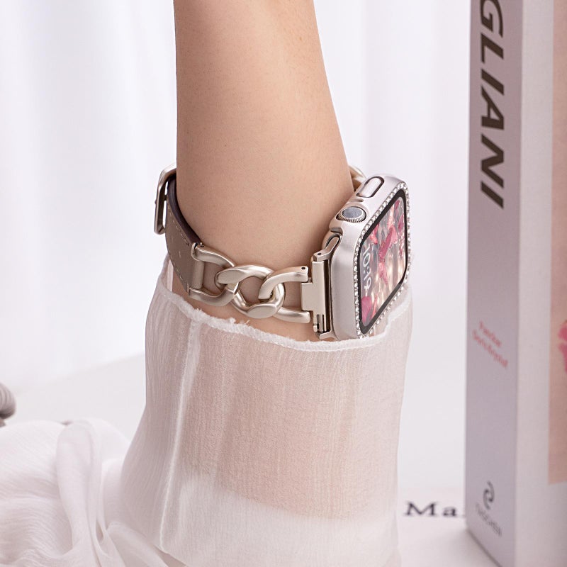 erorex For Apple Watch 38 / 40 / 41 / S10 42Mm Denim Chain Metal Hybrid Leather Watch Band(Black) - Image 5