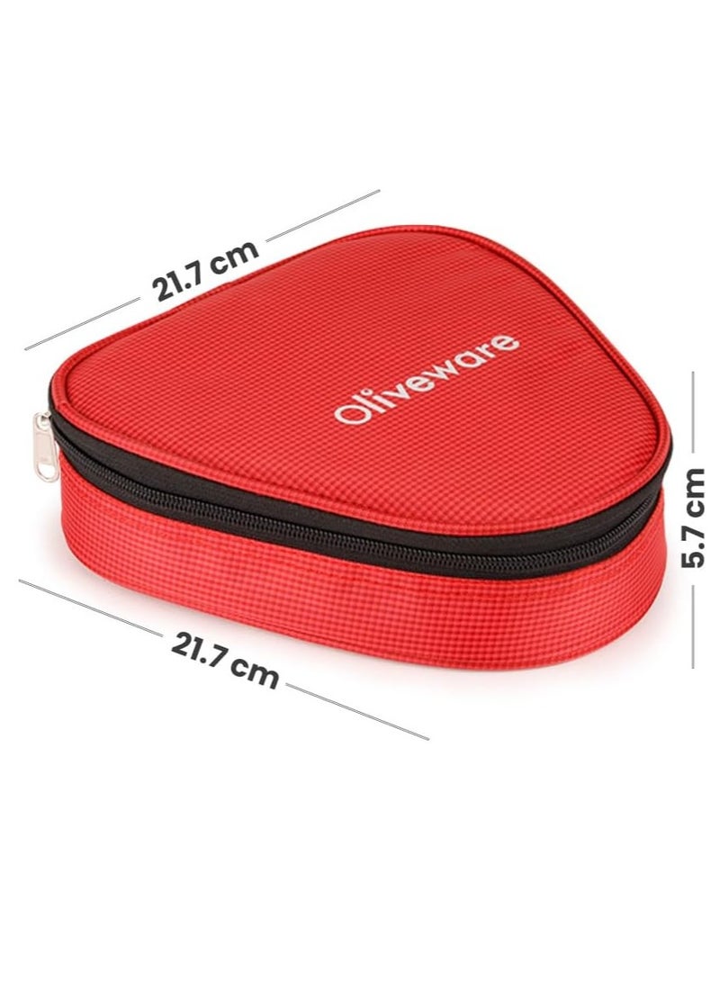 oliveware Freshy Lunch Box, Leak Proof, 3 Stainless Steel Containers with BPA Free Lid (300ml) Each, Fabric Bag - Red - Image 3