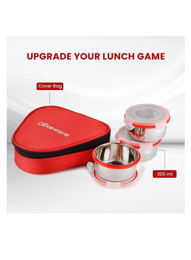 oliveware Freshy Lunch Box, Leak Proof, 3 Stainless Steel Containers with BPA Free Lid (300ml) Each, Fabric Bag - Red - Image 2