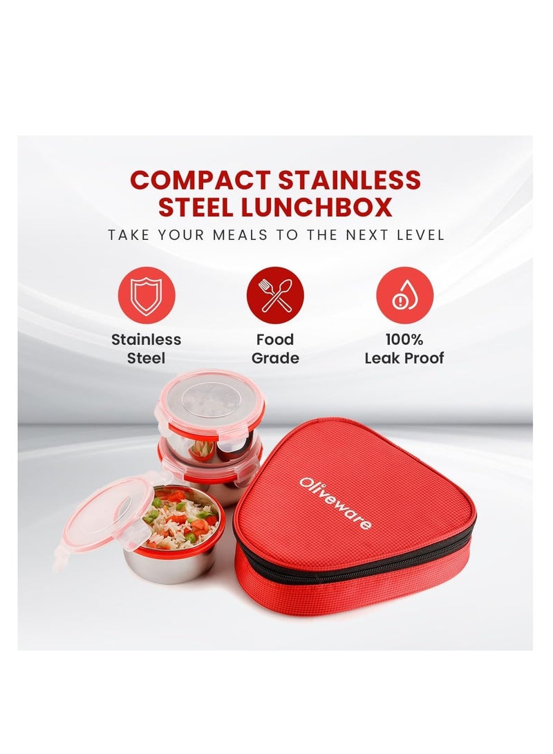 oliveware Freshy Lunch Box, Leak Proof, 3 Stainless Steel Containers with BPA Free Lid (300ml) Each, Fabric Bag - Red - Image 5