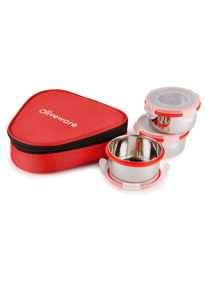 oliveware Freshy Lunch Box, Leak Proof, 3 Stainless Steel Containers with BPA Free Lid (300ml) Each, Fabric Bag - Red - Image 1