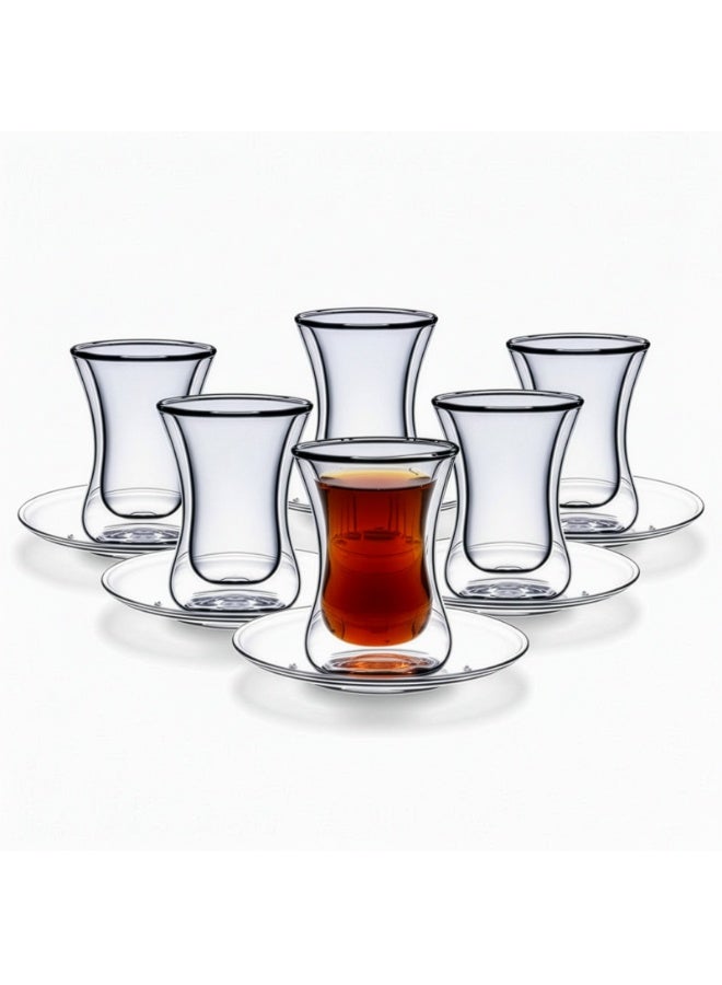 BLACKSTONE TS860 Double Wall Estikana Tea Glass Set 12pcs 100ml with Saucers Borosilicate Heat Resistant Cups - Image 1