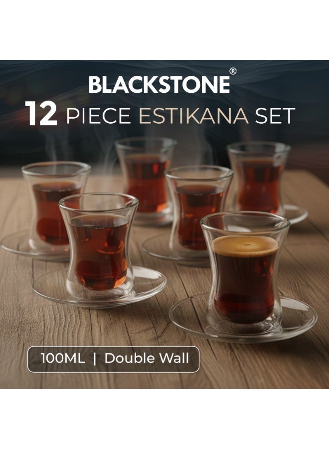 BLACKSTONE TS860 Double Wall Estikana Tea Glass Set 12pcs 100ml with Saucers Borosilicate Heat Resistant Cups - Image 2