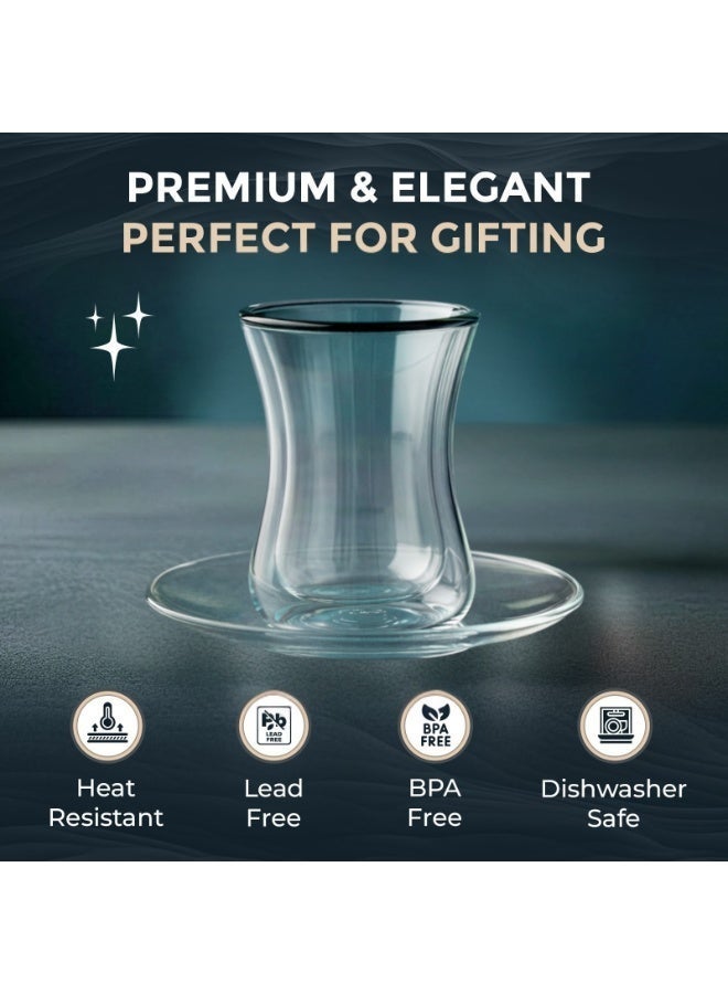 BLACKSTONE TS860 Double Wall Estikana Tea Glass Set 12pcs 100ml with Saucers Borosilicate Heat Resistant Cups - Image 4