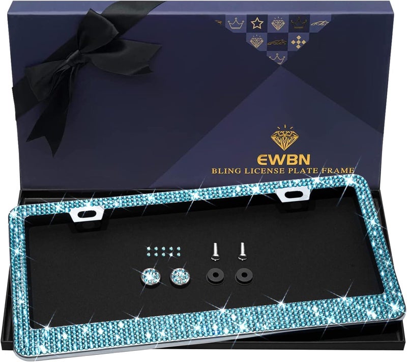 EWBN Bling Rhinestone License Plate Frame for Women，Diamond Sparkly License Plate Frames| Stainless Steel Frames & Over 1200 pcs Finest 14 Facets Glass Crystals Premium Diamond+GiftBox(Blue) - Image 1