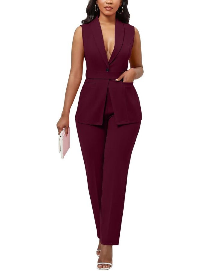 Kafiloe Pant Suits for Women Dressy Belted Sleeveless Vest Blazer Sets 2 Piece Business Casual Outfit, Burgundy, L - Image 1