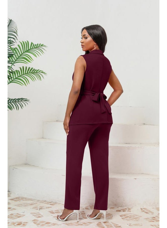 Kafiloe Pant Suits for Women Dressy Belted Sleeveless Vest Blazer Sets 2 Piece Business Casual Outfit, Burgundy, L - Image 4