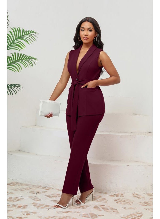 Kafiloe Pant Suits for Women Dressy Belted Sleeveless Vest Blazer Sets 2 Piece Business Casual Outfit, Burgundy, L - Image 3