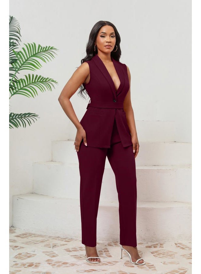 Kafiloe Pant Suits for Women Dressy Belted Sleeveless Vest Blazer Sets 2 Piece Business Casual Outfit, Burgundy, L - Image 2