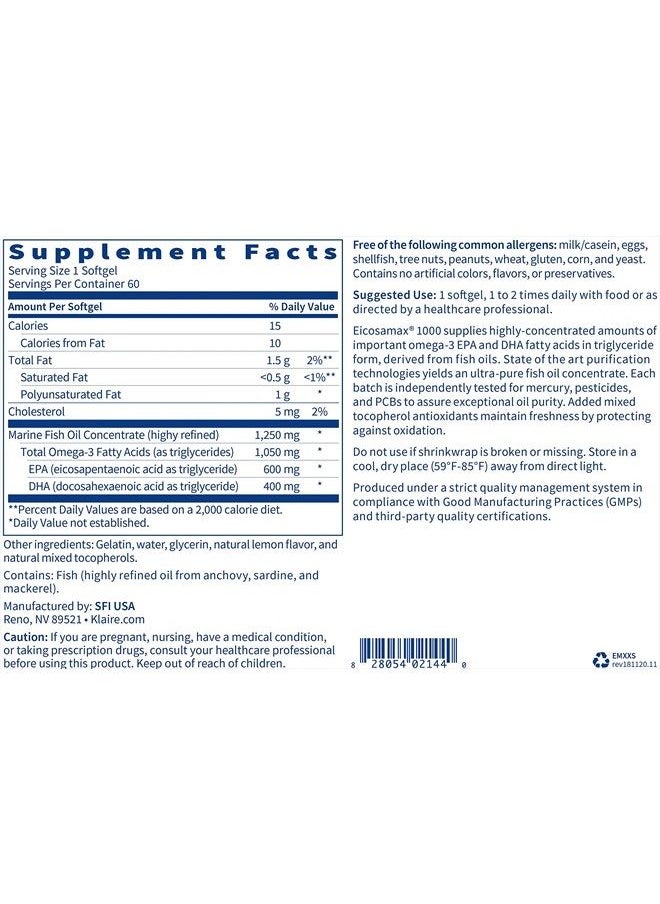 Klaire Labs - Eicosamax 1000 TG Fish Oil - 1000 mg EPA/DHA per Soft Gel, Ultra Pure Omega-3 Fish Oil Pills - Sustainably Sourced - Natural Lemon Flavor for No Fishy Burps (60 Softgels) - Image 1