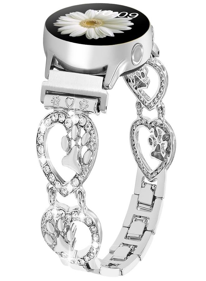 YONWORTH 20mm Bling Metal Band Compatible with Samsung Galaxy Watch 7 FE 6 5 4 40/44mm Women,Galaxy Watch 5 Pro,6 4 Classic,Active 2,Love Heart Shape Bracelet Dog Paw Cute Wristband (Silver) - Image 1