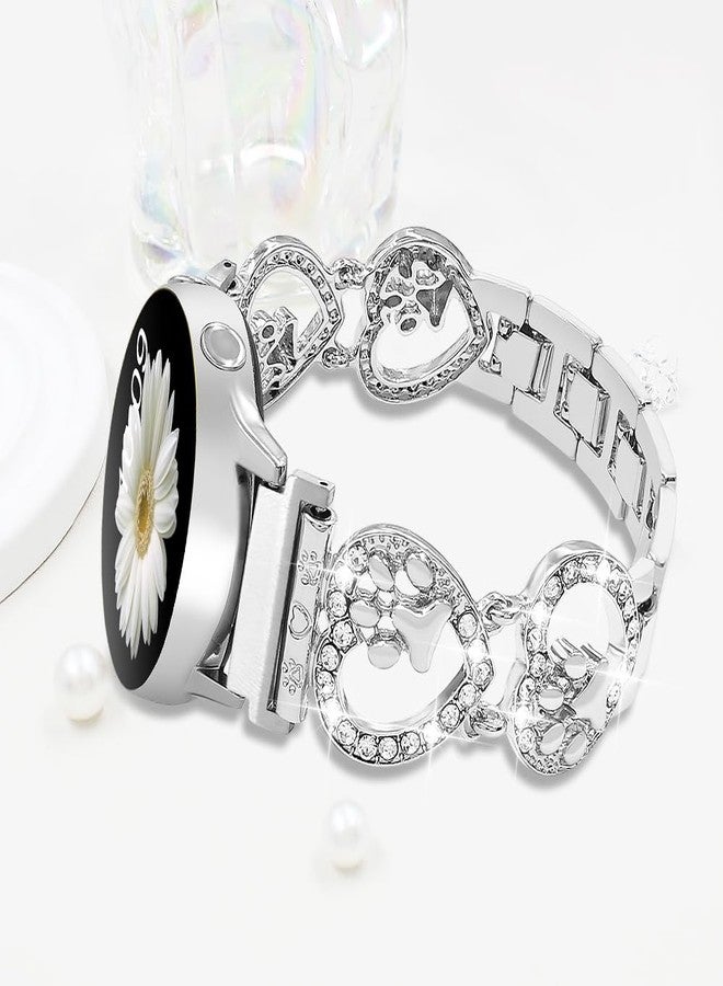 YONWORTH 20mm Bling Metal Band Compatible with Samsung Galaxy Watch 7 FE 6 5 4 40/44mm Women,Galaxy Watch 5 Pro,6 4 Classic,Active 2,Love Heart Shape Bracelet Dog Paw Cute Wristband (Silver) - Image 4