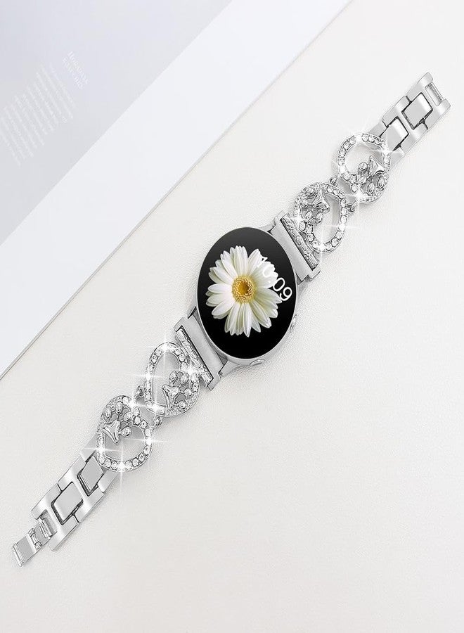 YONWORTH 20mm Bling Metal Band Compatible with Samsung Galaxy Watch 7 FE 6 5 4 40/44mm Women,Galaxy Watch 5 Pro,6 4 Classic,Active 2,Love Heart Shape Bracelet Dog Paw Cute Wristband (Silver) - Image 3
