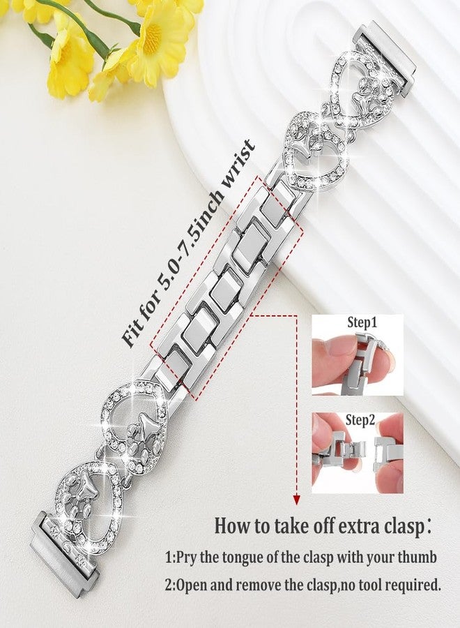 YONWORTH 20mm Bling Metal Band Compatible with Samsung Galaxy Watch 7 FE 6 5 4 40/44mm Women,Galaxy Watch 5 Pro,6 4 Classic,Active 2,Love Heart Shape Bracelet Dog Paw Cute Wristband (Silver) - Image 2