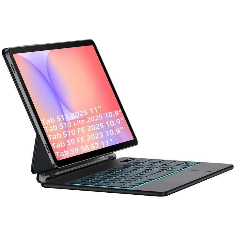 JUQITECH Magic Keyboard Case for Samsung Galaxy Tab S10 Lite S10 FE 2025 S9 FE 10.9 Inch S11 S9 S8 S7 11", Floating Cantilever Magnetic Stand Wireless Backlit Trackpad Keyboard, S Pen Slot LED Display - Image 1