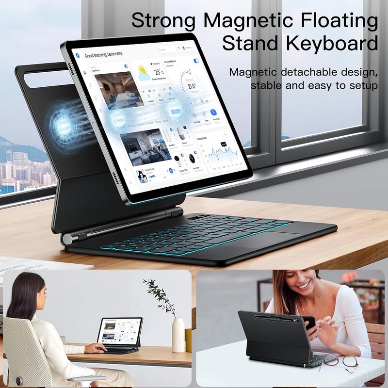 JUQITECH Magic Keyboard Case for Samsung Galaxy Tab S10 Lite S10 FE 2025 S9 FE 10.9 Inch S11 S9 S8 S7 11", Floating Cantilever Magnetic Stand Wireless Backlit Trackpad Keyboard, S Pen Slot LED Display - Image 3