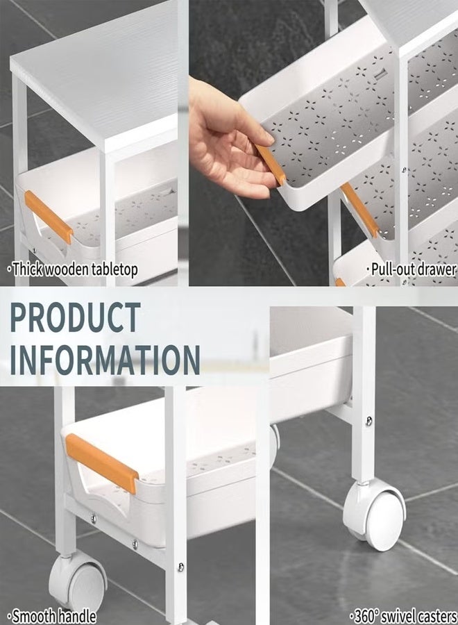 5-Tier Slim Rolling Utility Cart with Pull-Out Drawers, Narrow Storage Shelf with Wooden Top & Metal Frame, Space-Saving Organizer for Kitchen Bathroom Laundry, White (9.5" Wide) - Image 4