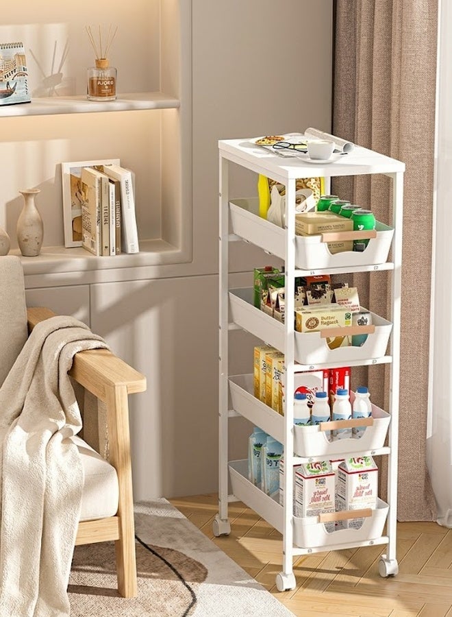 5-Tier Slim Rolling Utility Cart with Pull-Out Drawers, Narrow Storage Shelf with Wooden Top & Metal Frame, Space-Saving Organizer for Kitchen Bathroom Laundry, White (9.5" Wide) - Image 1