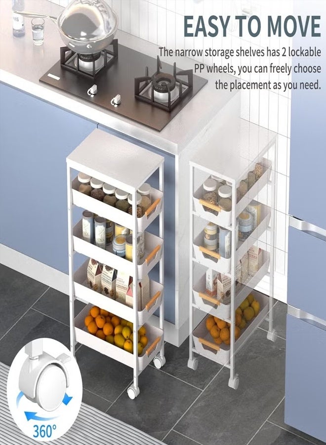 5-Tier Slim Rolling Utility Cart with Pull-Out Drawers, Narrow Storage Shelf with Wooden Top & Metal Frame, Space-Saving Organizer for Kitchen Bathroom Laundry, White (9.5" Wide) - Image 3