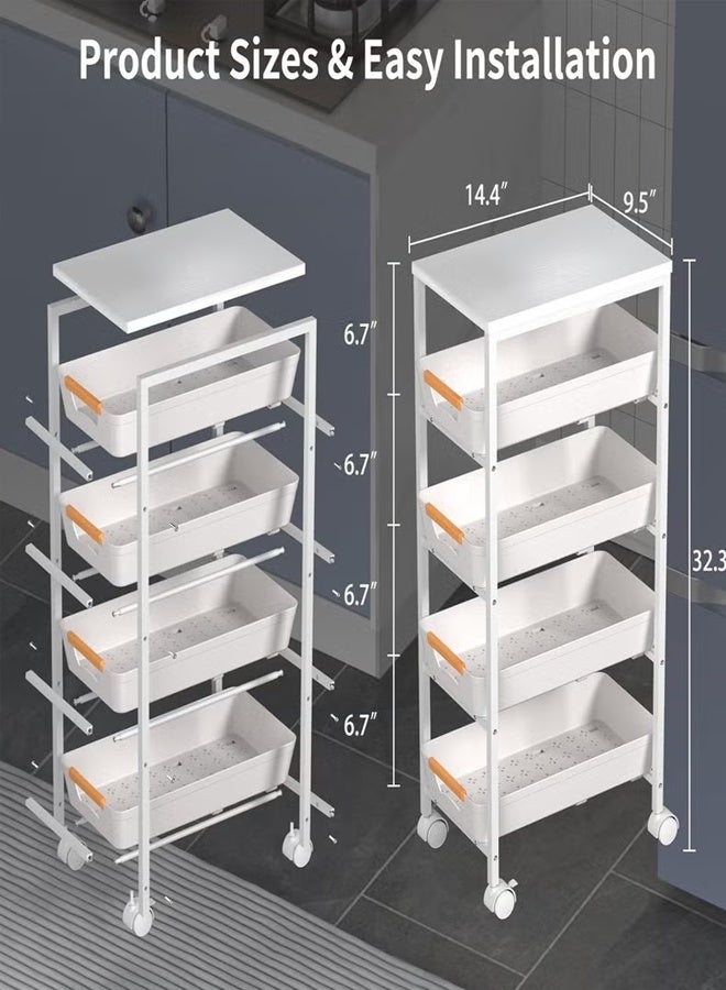5-Tier Slim Rolling Utility Cart with Pull-Out Drawers, Narrow Storage Shelf with Wooden Top & Metal Frame, Space-Saving Organizer for Kitchen Bathroom Laundry, White (9.5" Wide) - Image 2