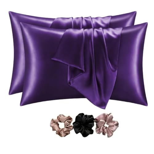 GO WELL solid Satin Silk Pillow Covers Pack of 2 for Hair and Skin-with Satin Scrunchies for Women Stylish|Satin Pillow Cover|scrunchies for Women 3-Piece|Silk Pillow case(Darkpurple) 600TC - Image 1