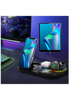 4 in 1 Wireless Fast Charging Station for iPhone 14/13/12/11/iWatch/AirPods/Samsung Galaxy, Charging Stand Dock with Clock and LED Light
