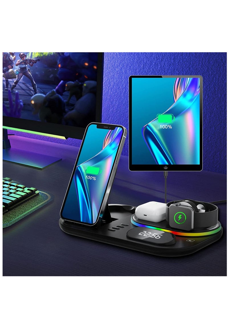 Rabos - 4 in 1 Wireless Fast Charging Station for iPhone 14/13/12/11/iWatch/AirPods/Samsung Galaxy, Charging Stand Dock with Clock and LED Light - Image 1