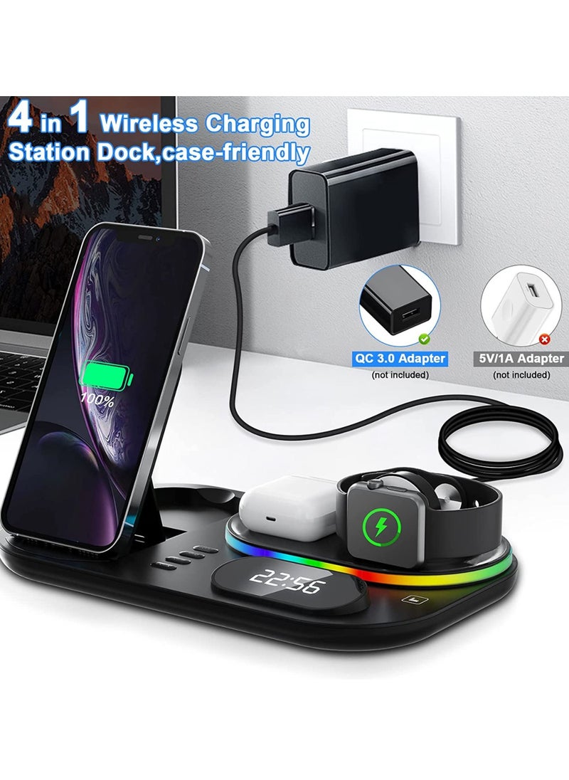 Rabos - 4 in 1 Wireless Fast Charging Station for iPhone 14/13/12/11/iWatch/AirPods/Samsung Galaxy, Charging Stand Dock with Clock and LED Light - Image 1