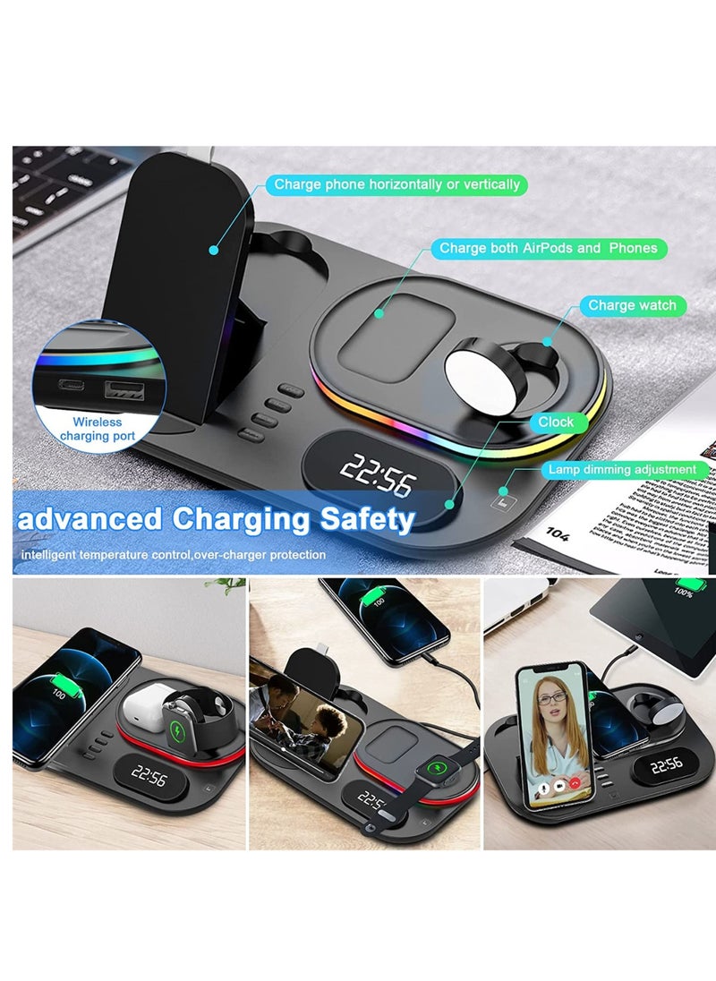 Rabos - 4 in 1 Wireless Fast Charging Station for iPhone 14/13/12/11/iWatch/AirPods/Samsung Galaxy, Charging Stand Dock with Clock and LED Light - Image 1