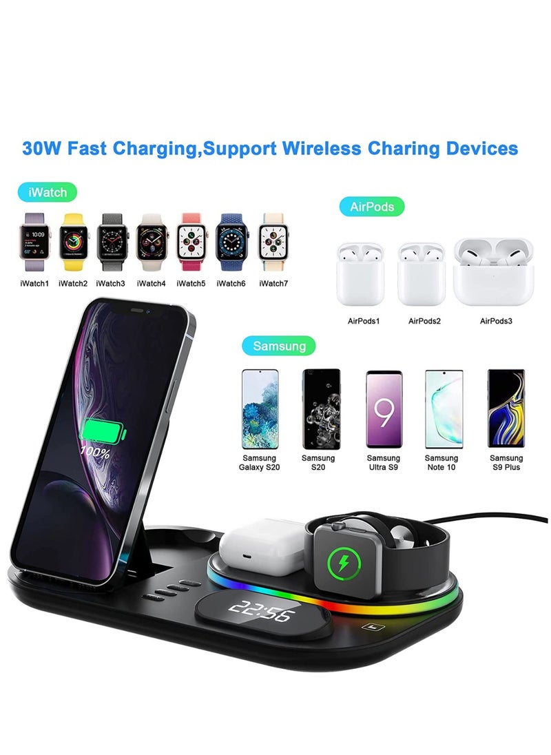 Rabos - 4 in 1 Wireless Fast Charging Station for iPhone 14/13/12/11/iWatch/AirPods/Samsung Galaxy, Charging Stand Dock with Clock and LED Light - Image 1