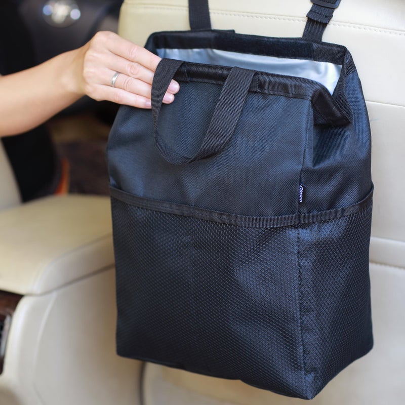 Ginsco New Leak-Proof Travel Car Trash Bag, 3.5 Gallons Large Capacity Hanging Car Trash Can with Hook and Loop Lid and Handle, Multipurpose Trash Bin with Storage Pockets for SUV RV Camping (Black) - Image 1