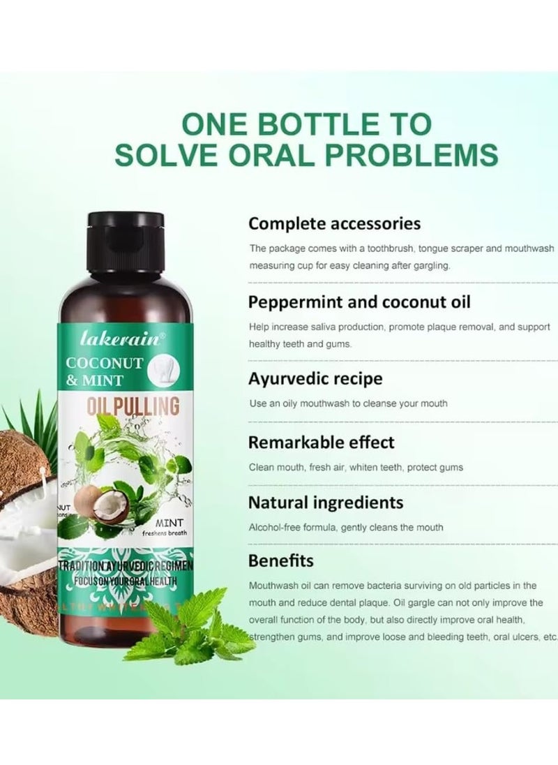 lakerain - 100ml Coconut Oil and Peppermint Oil Pulling Whitening Mouthwash Teeth Whitening Oil Pulling Mouthwash Natural Coconut Oil Pulling for Healthier Teeth and Gum Fresh Breath With 7 Natural Pulling Oil - Image 1