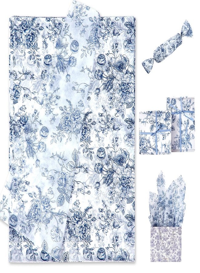 EROMAP 120 Sheets Blue Floral Tissue Paper Chinoiserie Gift Wrapping Paper Vintage Blue White Flowers Packaging Patterned Paper Bulk for Baby Shower Wedding Birthday Party Decor, 14 x 20 Inch - Image 1