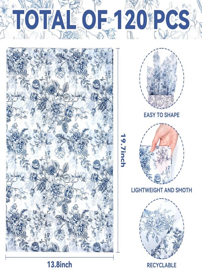 EROMAP 120 Sheets Blue Floral Tissue Paper Chinoiserie Gift Wrapping Paper Vintage Blue White Flowers Packaging Patterned Paper Bulk for Baby Shower Wedding Birthday Party Decor, 14 x 20 Inch - Image 2