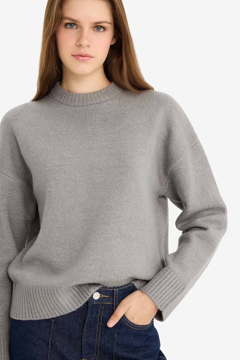 DeFacto Grey Woman Oversize Crew Neck Knit Pullover Casual - Image 1