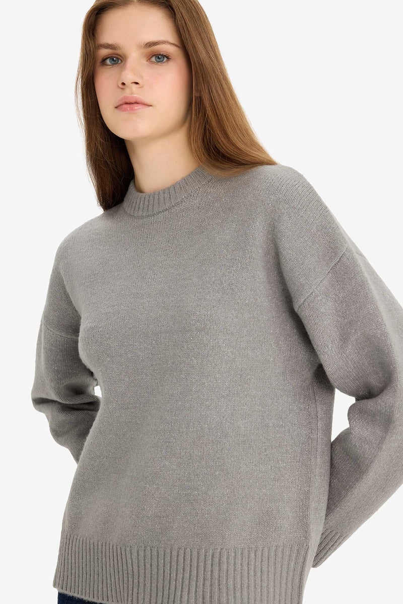 DeFacto Grey Woman Oversize Crew Neck Knit Pullover Casual - Image 4