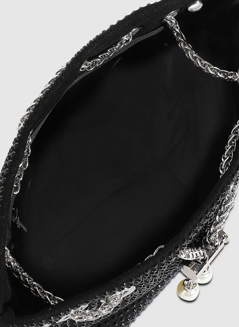 Haute Sauce Haute Sauce Women's Stud Chain Handbag For Casual Wear | Black Colour |  One-Size | Drawstring Closure | 1 Handle | Non-Detachable Sling | Vegan Leather Handbag For Woman And Girls