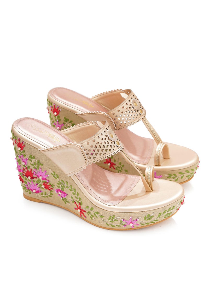 Sole House Sole House Noor Wedges: Handcrafted Elegance with Floral Embroidery & Contemporary Charm - perfect for parties, celebrations & special occasions.  - Image 1