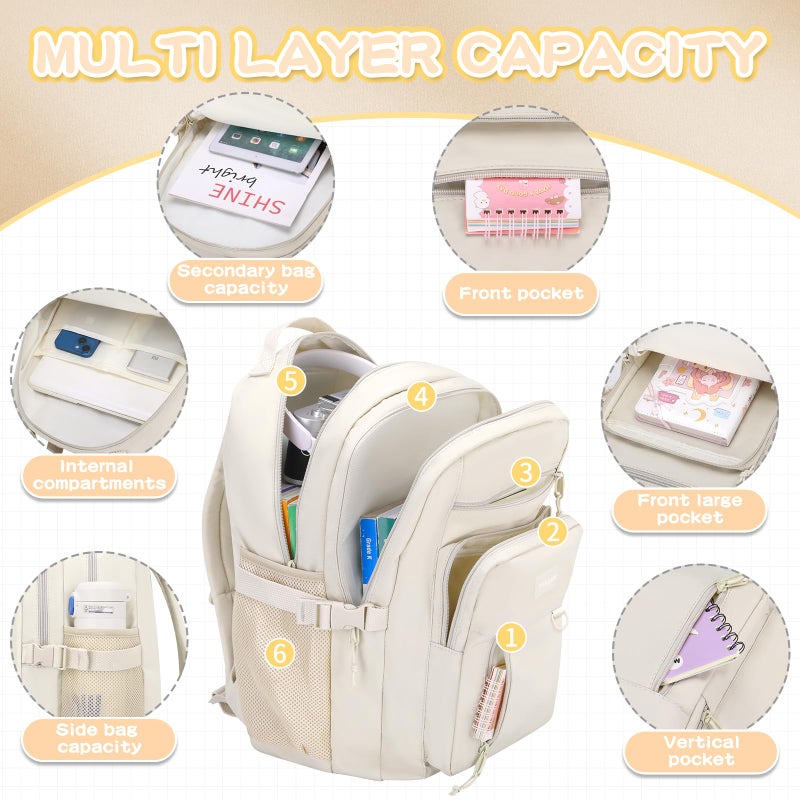 PRAGARI Kids Backpack for School Cute Aesthetic Beige Backpack Girls Student Bookbag Women Travel Lightweight Book Bag - Image 3