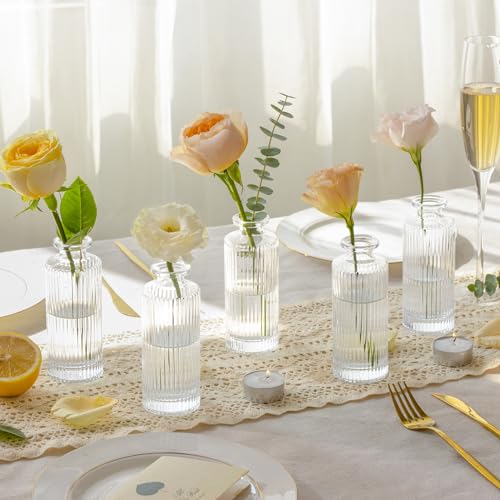 ComSaf Small Vases for Flowers Mini Clear Glass Bud Vases in Bulk, 5.2 inch Tall Mini Flower Vase, Vases for Centerpiece, Ribbed Vase, Wedding Table Ceterpiece, Home Decor, Housewarming Gift (Clear) - Image 2