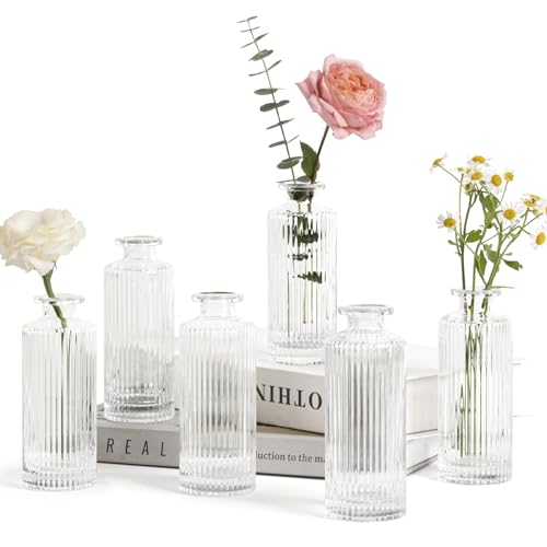 ComSaf Small Vases for Flowers Mini Clear Glass Bud Vases in Bulk, 5.2 inch Tall Mini Flower Vase, Vases for Centerpiece, Ribbed Vase, Wedding Table Ceterpiece, Home Decor, Housewarming Gift (Clear) - Image 1
