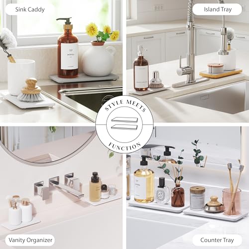 Kcrystenia Kitchen Stone Sink Caddy, 2pcs Water Absorbing Stone Tray, Quick-Drying Faucet Mats, Diatomite Bathroom Counter Tray, Soap Dispenser Sponge Holder, Kitchen Sink Organizer (with Non-Slip Feet) - Image 2
