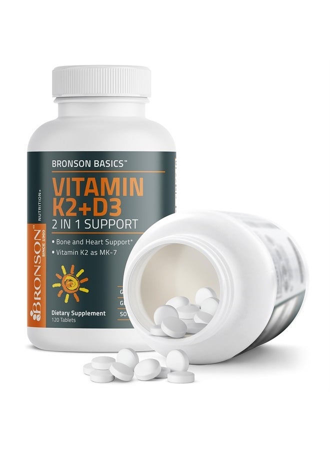 Bronson - Basics Vitamin K2 D3 (MK7) Supplement Non-GMO Formula 5000IU (125 mcg) Vitamin D3 & 90 mcg Vitamin K2 MK-7 Easy to Swallow Vitamin D & K Complex, 120 Tablets - Image 1