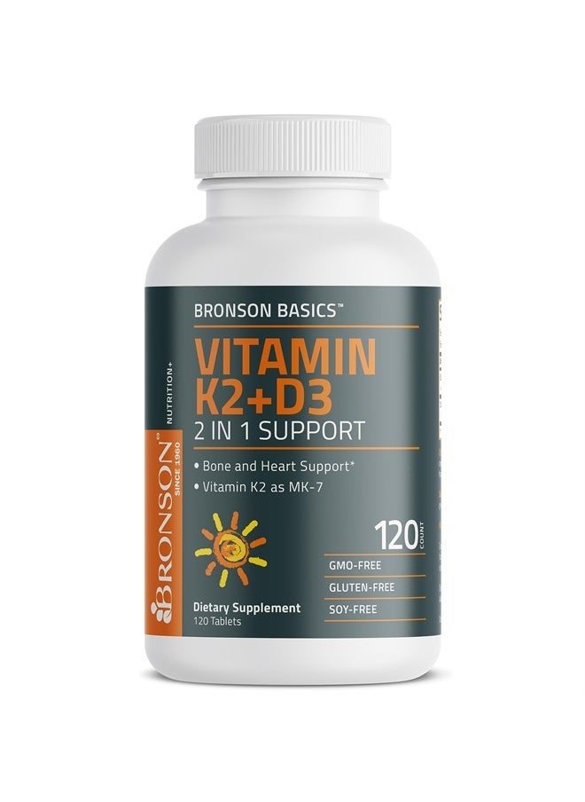 Bronson - Basics Vitamin K2 D3 (MK7) Supplement Non-GMO Formula 5000IU (125 mcg) Vitamin D3 & 90 mcg Vitamin K2 MK-7 Easy to Swallow Vitamin D & K Complex, 120 Tablets - Image 1