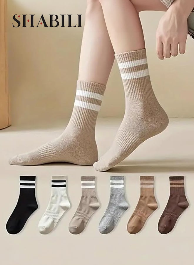 شبيلي جوارب نسائية قطنية بطول منتصف الساق (كرو) ‑ عبوة من 6 أزواج، قابلة للتنفس وطاردة للرطوبة ومضادة للروائح، بكُمّ مطاطي لا يتكوّر، جوارب كاجوال مرنة مثالية للاستخدام اليومي والسفر وصالات الرياضة (أبيض، أسود، رمادي، بني قهوة، كاكي، بني فاتح) - Image 1