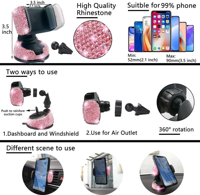 NBTEPEM 27 PCs Pink Bling Car Accessories Set for Women, Steering Wheel Covers Universal Fit 15 Inch, Bling License Plate Frame, Bling Phone Holder, Bling Car Coasters (Pink Diamond)