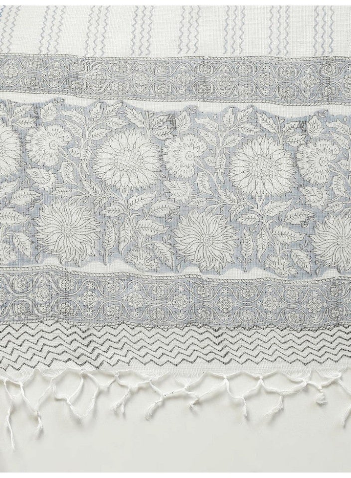 Floral White and Blue Hand Block Printed Pure Cotton Anarkali Kurta Set with Scoop Back - Image 4