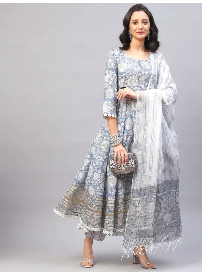Floral White and Blue Hand Block Printed Pure Cotton Anarkali Kurta Set with Scoop Back - Image 1