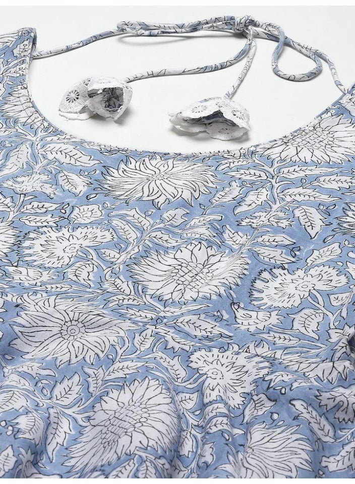 Floral White and Blue Hand Block Printed Pure Cotton Anarkali Kurta Set with Scoop Back - Image 3